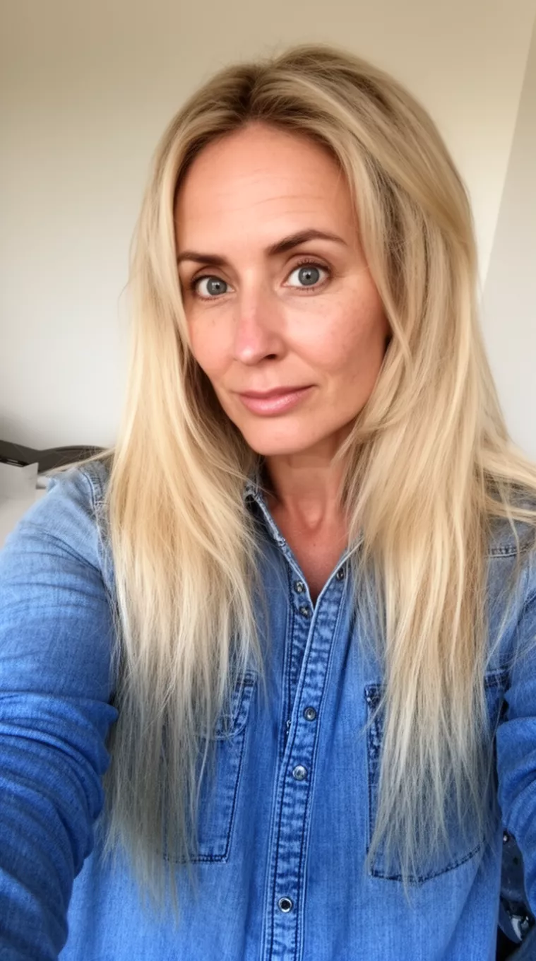 selfie of a 35-year-old woman wearing a denim button-up shirt with a Organic Sunlit Blonde colored long hairstyle, minimal background