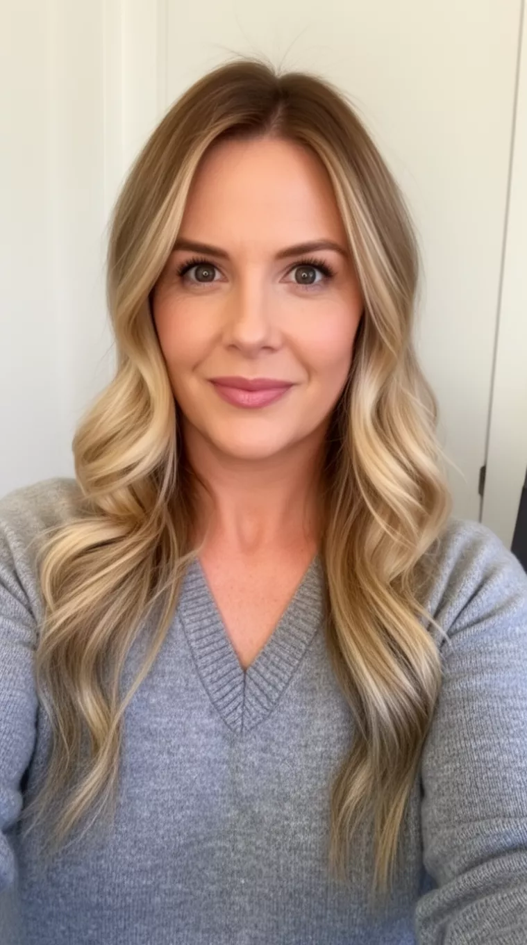 selfie of a 38-year-old woman wearing a v-neck sweater with a Honey Blonde Balayage colored long hairstyle, minimal background