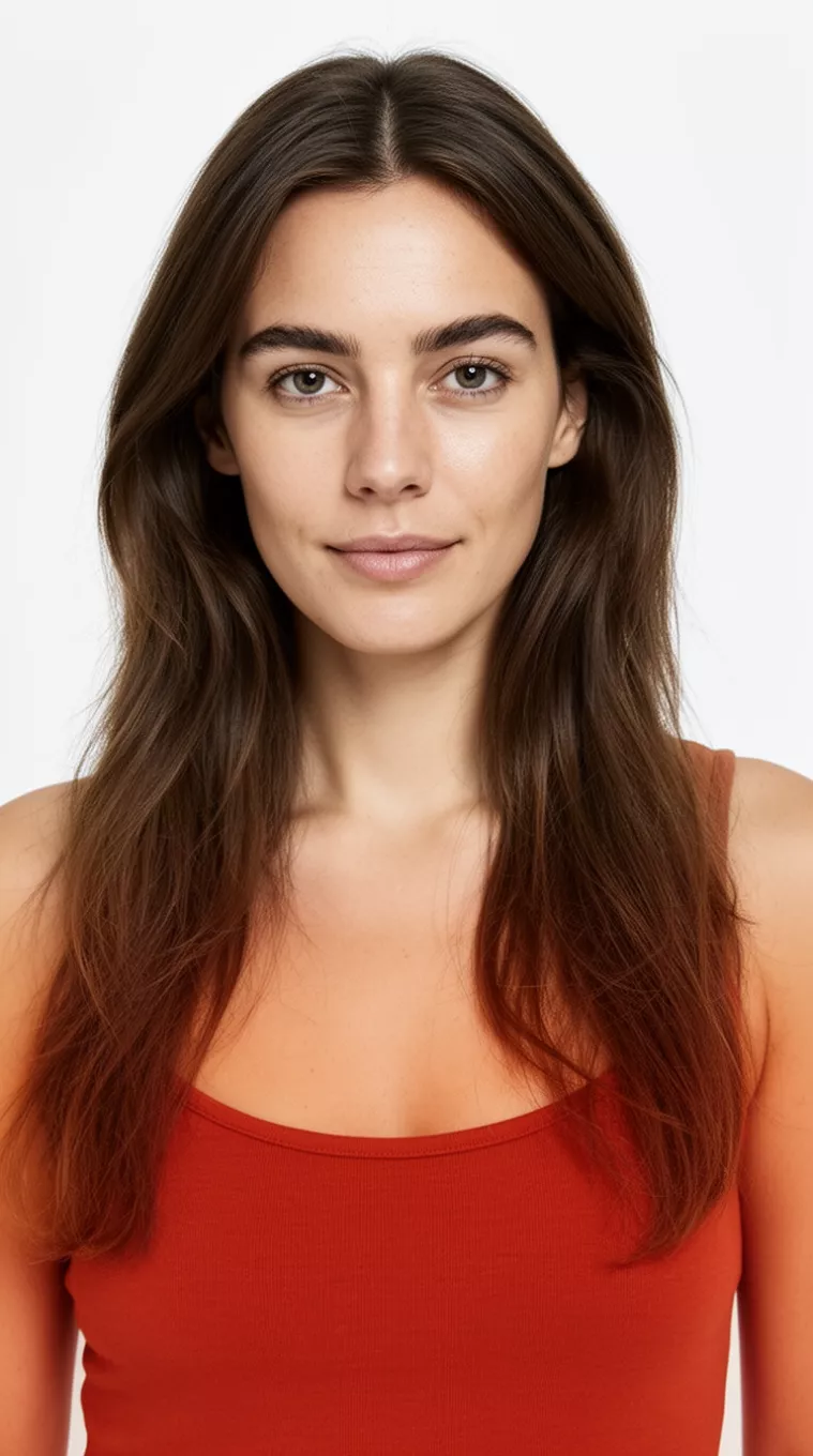 photo of a 33-year-old woman wearing a rust-colored tank top with a Burnt Sienna Brown colored long hairstyle, minimal background