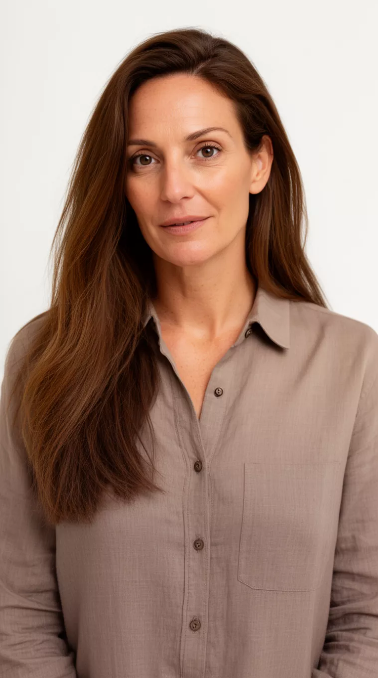 photo of a 42-year-old woman wearing a taupe cotton shirt with a Cafe Americano Brunette colored long hairstyle, minimal background