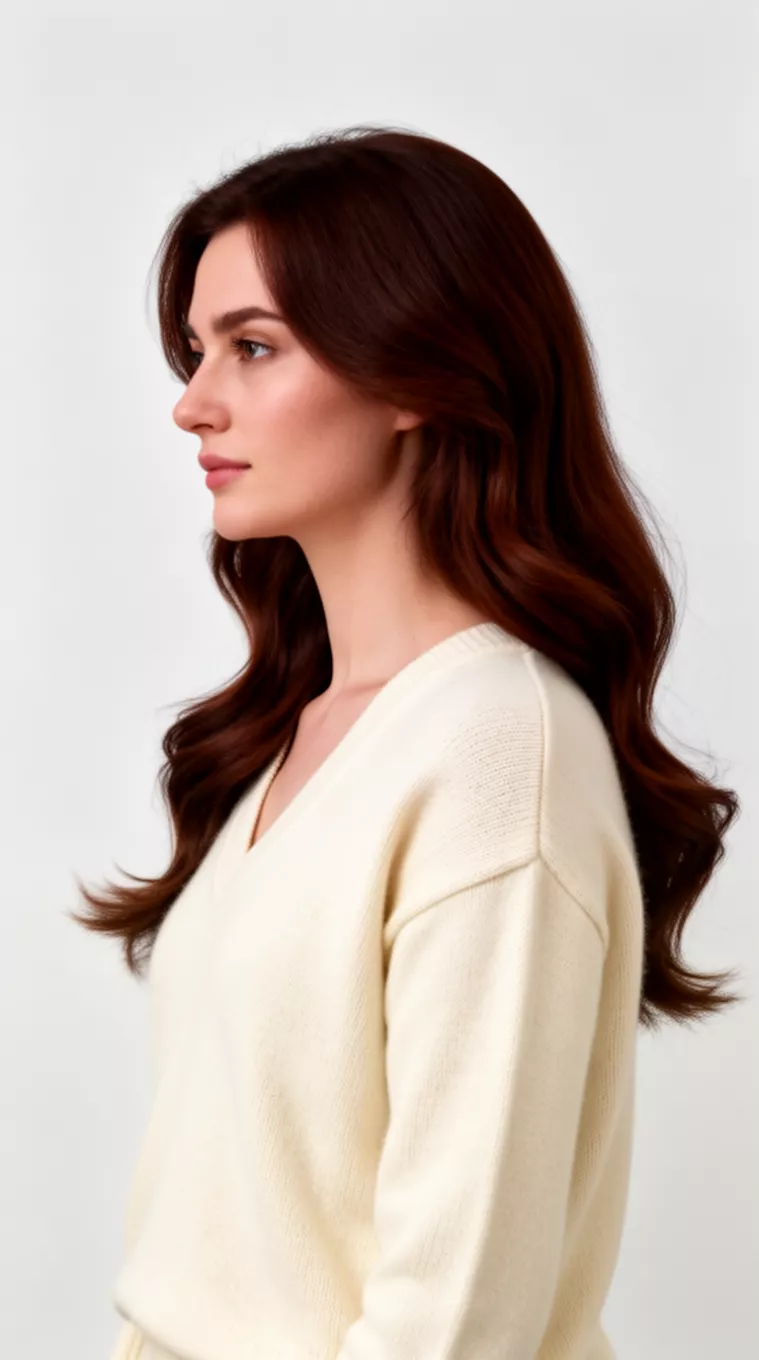 photo of a 34-year-old woman wearing a cream V-neck sweater with a Cherry Mocha Brown colored long hairstyle, minimal background, side view