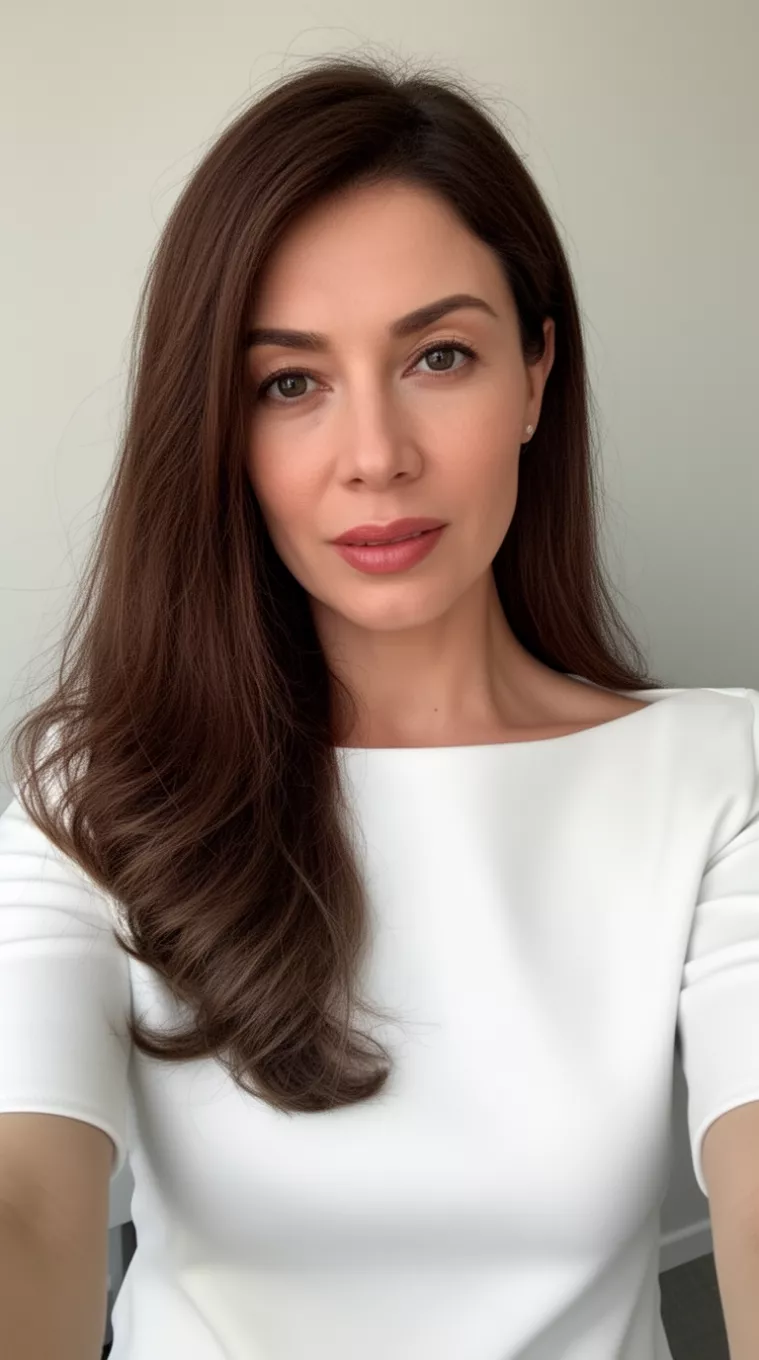 selfie of a 38-year-old woman wearing a white boat-neck top with an Espresso Brown colored long hairstyle, minimal background