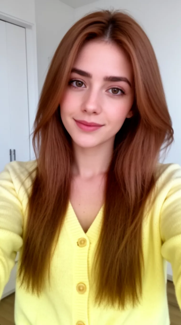 selfie of a 29-year-old woman wearing a pale yellow cardigan with a Soft Caramel Brown colored long hairstyle, minimal background