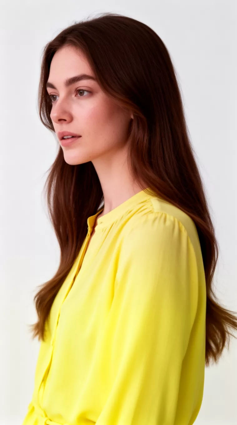 photo of a 27-year-old woman wearing a lemon yellow blouse with a Toffee Brown colored long hairstyle, minimal background, side view