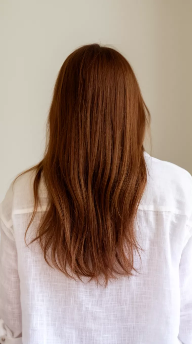 photo of a 28-year-old woman wearing a white linen shirt with a Caramel Latte Brown colored long hairstyle, minimal background, back view