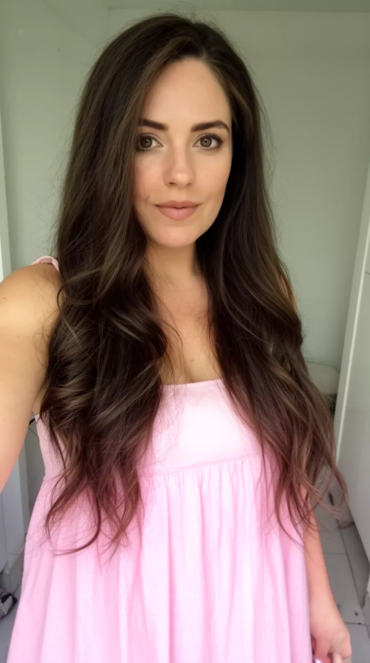 selfie of a 36-year-old woman wearing a light pink sundress with a Cacao Dream Brunette colored long hairstyle, minimal background