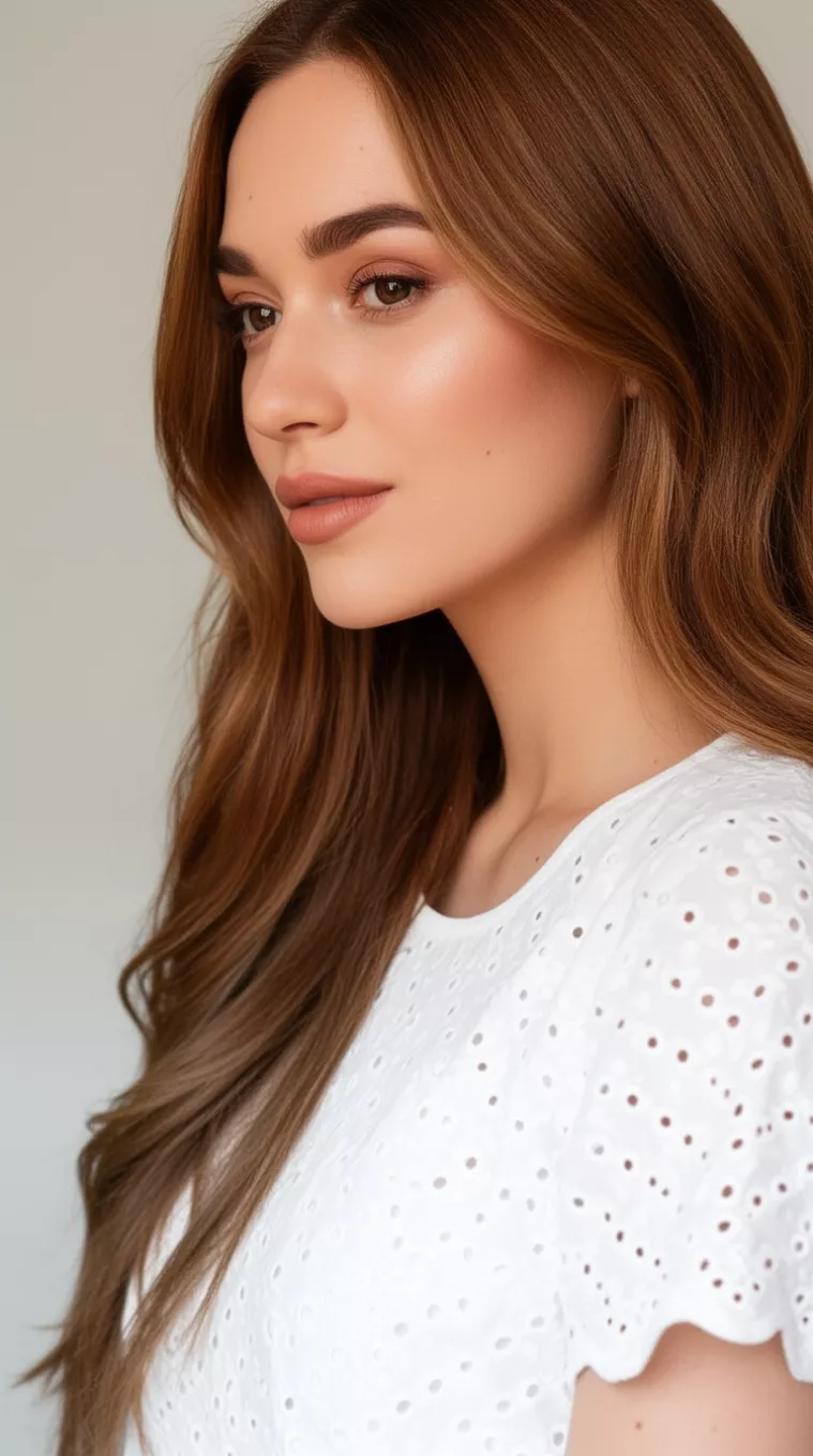 close-up photo of a 29-year-old woman wearing a white eyelet top with a Golden Peach Brunette colored long hairstyle, minimal background, side view