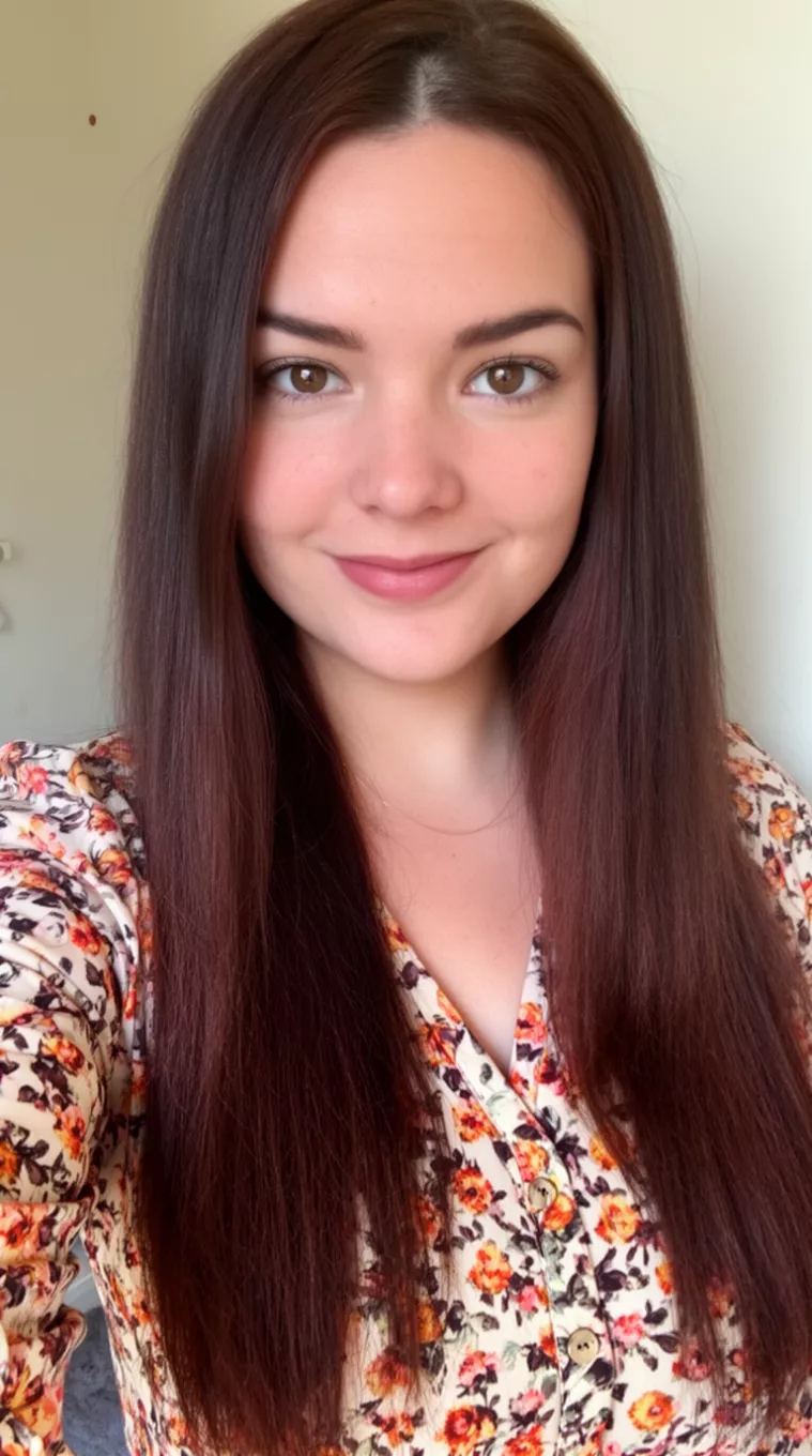 selfie of a 28-year-old woman wearing a floral print top with an Auburn Kissed Brunette colored long hairstyle, minimal background