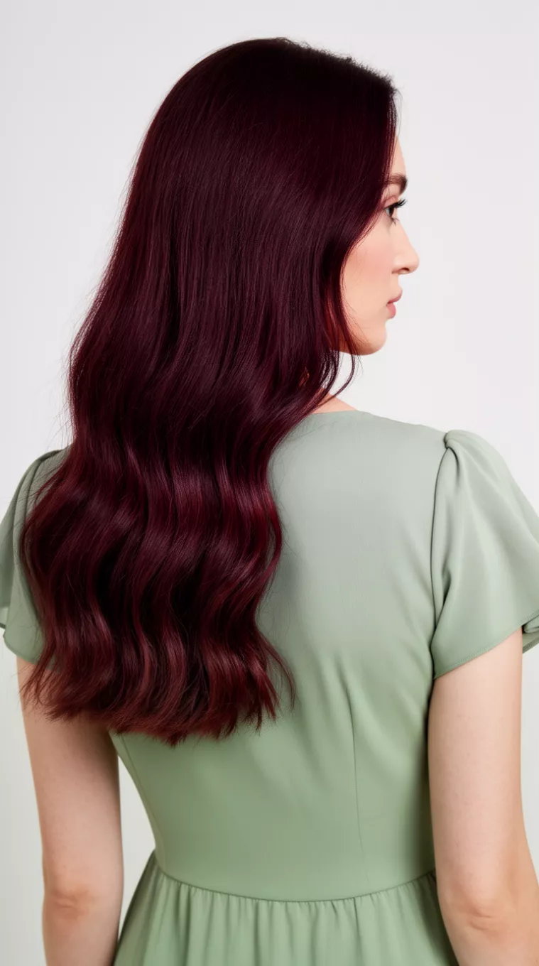 close-up photo of a 31-year-old woman wearing a sage green dress with a Wine Brunette colored long hairstyle, minimal background, back view