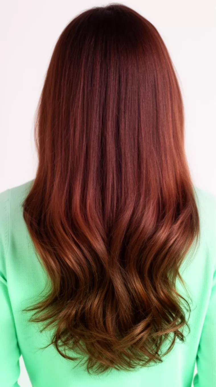 close-up photo of a 42-year-old woman wearing a mint green top with a Frosted Chestnut Brunette colored long hairstyle, minimal background, back view