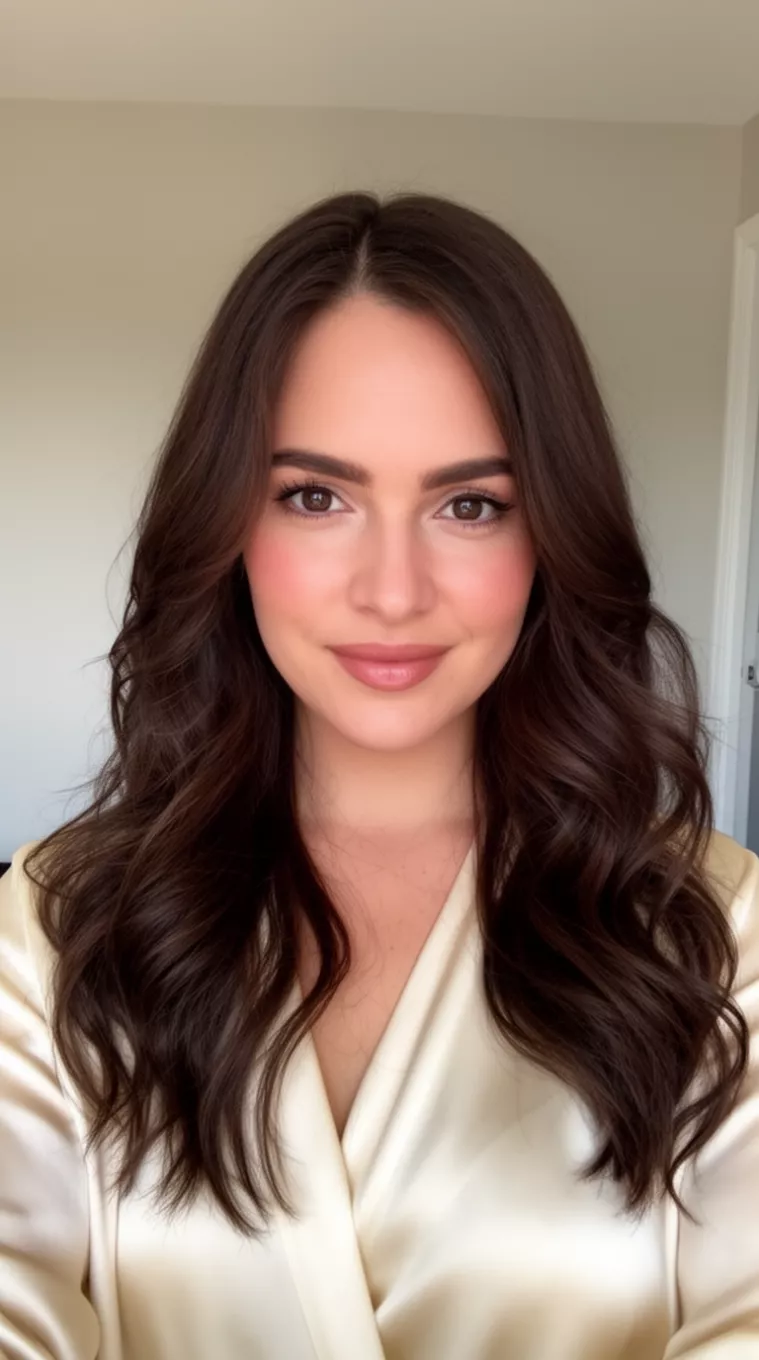 selfie of a 31-year-old woman wearing a cream silk top with a Hot Chocolate Brunette colored long hairstyle, minimal background