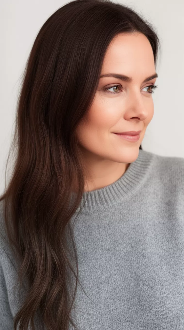 close-up photo of a 39-year-old woman wearing a soft grey knit top with a Cashmere Brunette colored long hairstyle, minimal background, side view