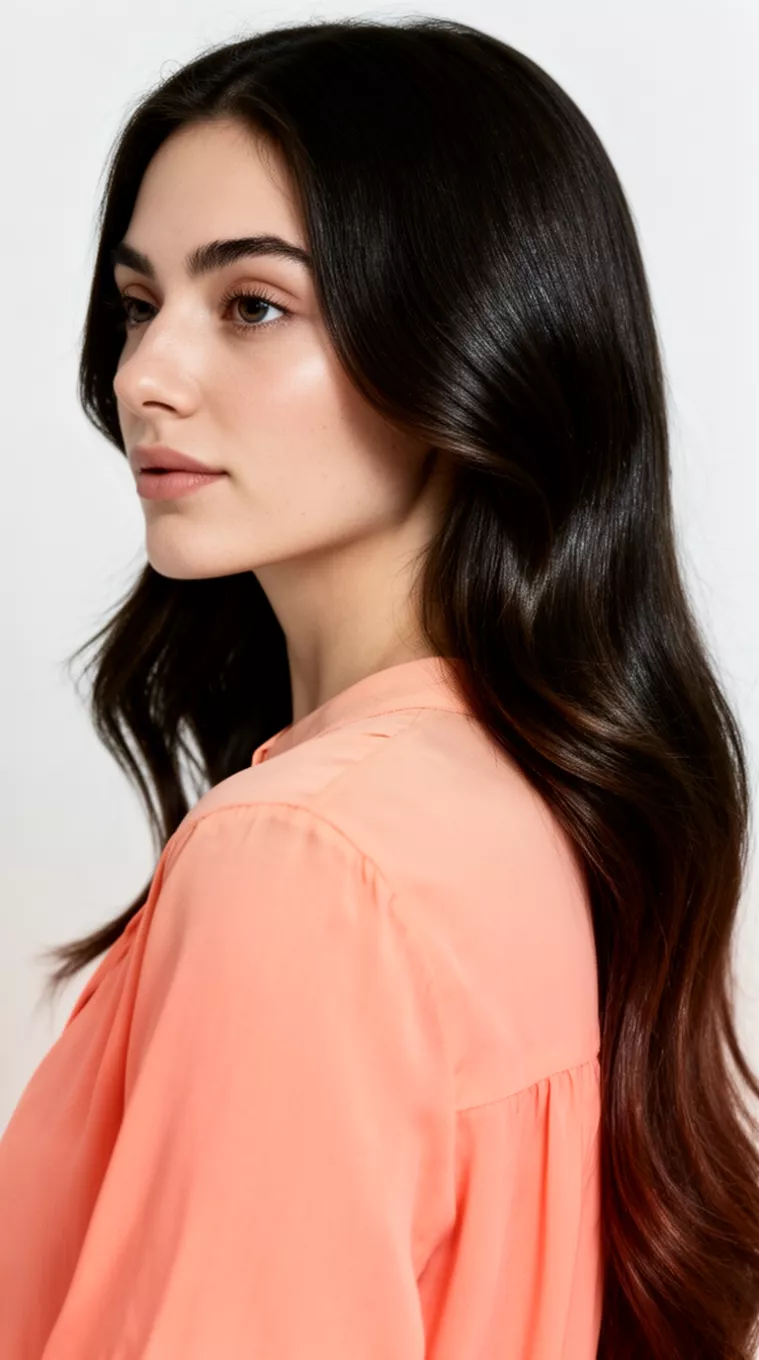 close-up photo of a 27-year-old woman wearing a peach colored blouse with an Espresso Gloss Brunette colored long hairstyle, minimal background, side view