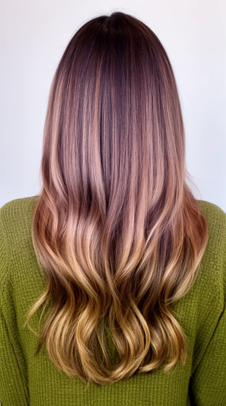 close-up photo of a 40-year-old woman wearing an olive green sweater with a Hazelnut Spring Balayage colored long hairstyle, minimal background, back view