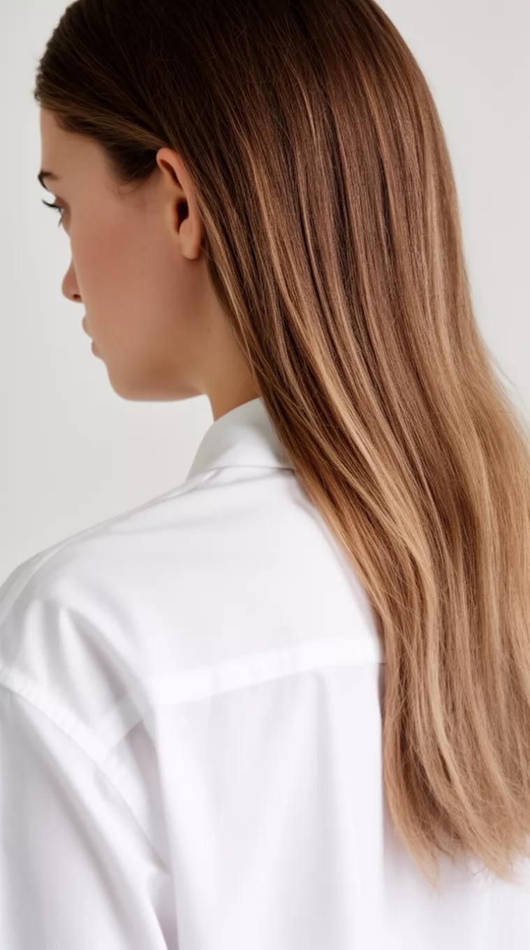 close-up photo of a 25-year-old woman wearing a minimalist white shirt with a Bone Brunette Dimension colored long hairstyle, minimal background, back view