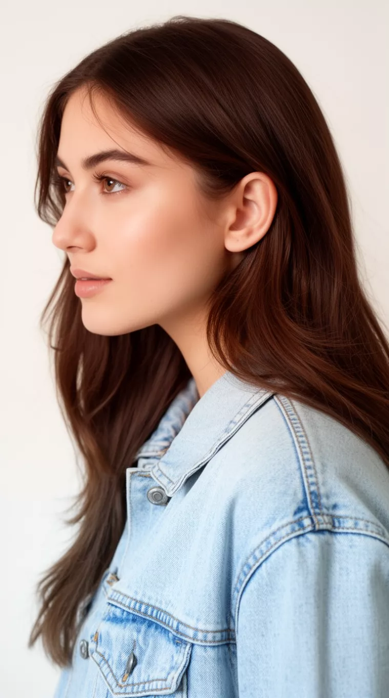close-up photo of a 27-year-old woman wearing a light denim jacket with a Cafe Americano Brunette colored long hairstyle, minimal background, side view