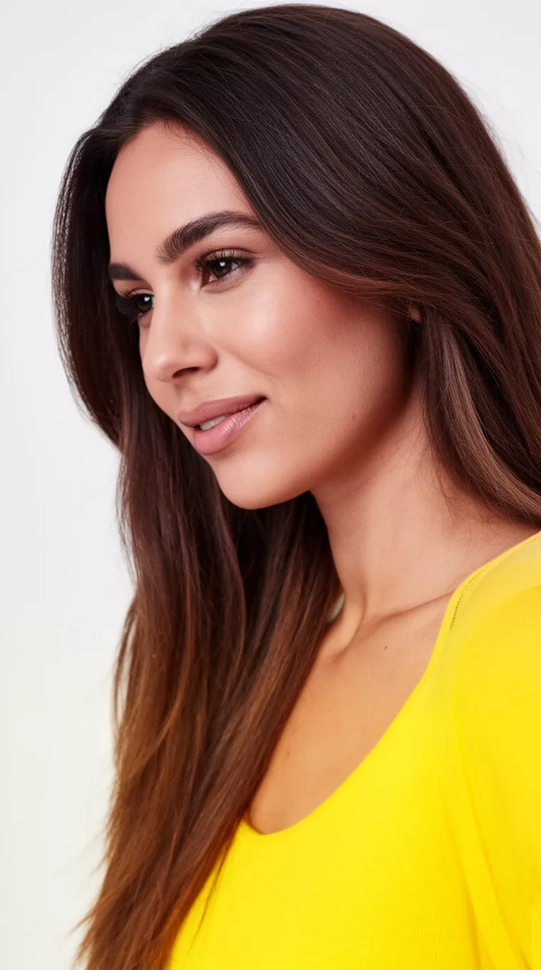 close-up photo of a 34-year-old woman wearing a yellow top with a Sun-Kissed Mocha colored long hairstyle, minimal background, side view