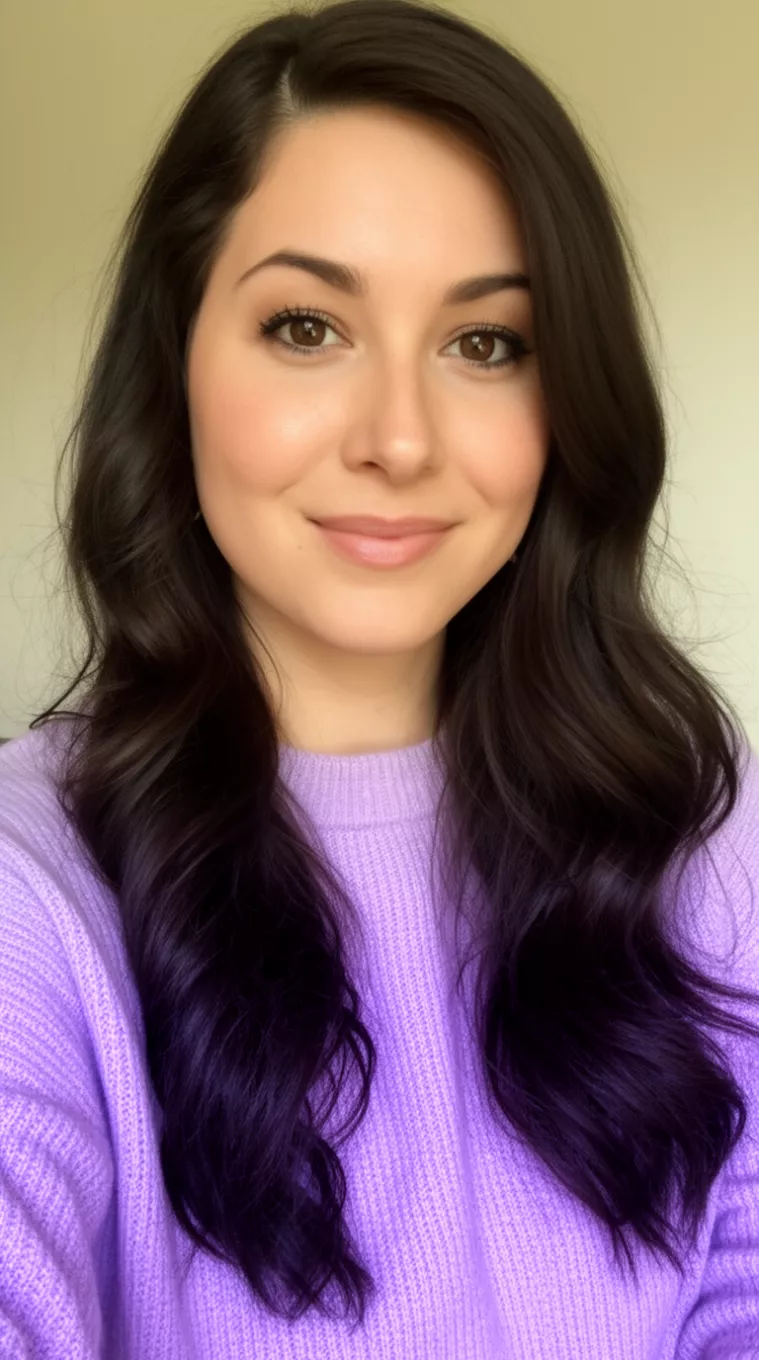 selfie of a 30-year-old woman wearing a lavender spring sweater with a Midnight Brunette with Sheen colored long hairstyle, minimal background