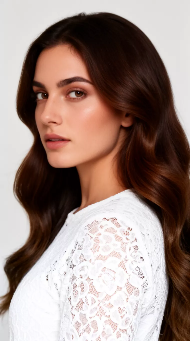 close-up photo of a 33-year-old woman wearing a white lace top with a Dark Honey Brunette colored long hairstyle, minimal background, side view