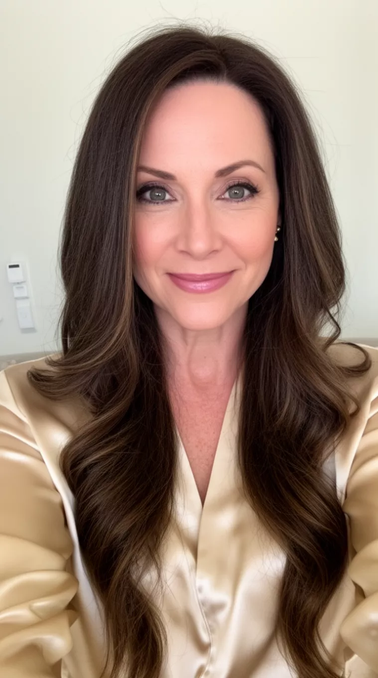 selfie of a 44-year-old woman wearing a champagne silk blouse with a Truffle Silk Brunette colored long hairstyle, minimal background