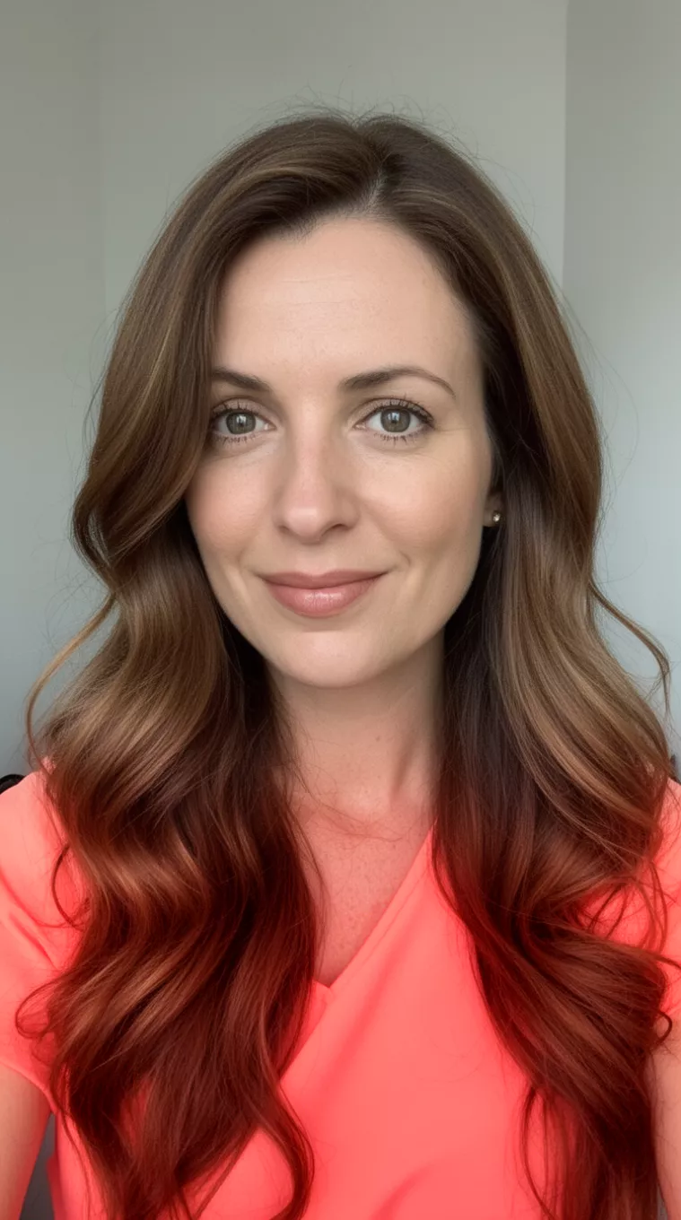 selfie of a 37-year-old woman wearing a coral colored top with an Enhanced Chestnut Glow colored long hairstyle, minimal background
