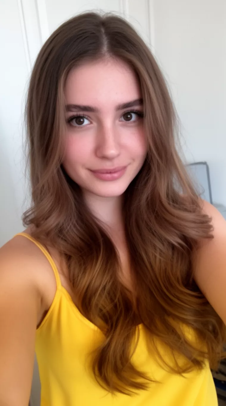 selfie of a 28-year-old woman wearing a yellow camisole with a Soft Caramel Brunette colored long hairstyle, minimal background