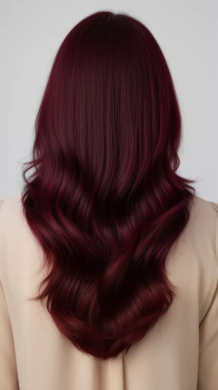 [close-up photo (back view)] of a 40-year-old woman wearing a neutral blouse with a Deep Mahogany Elegance colored long hairstyle, minimal background, [back view]