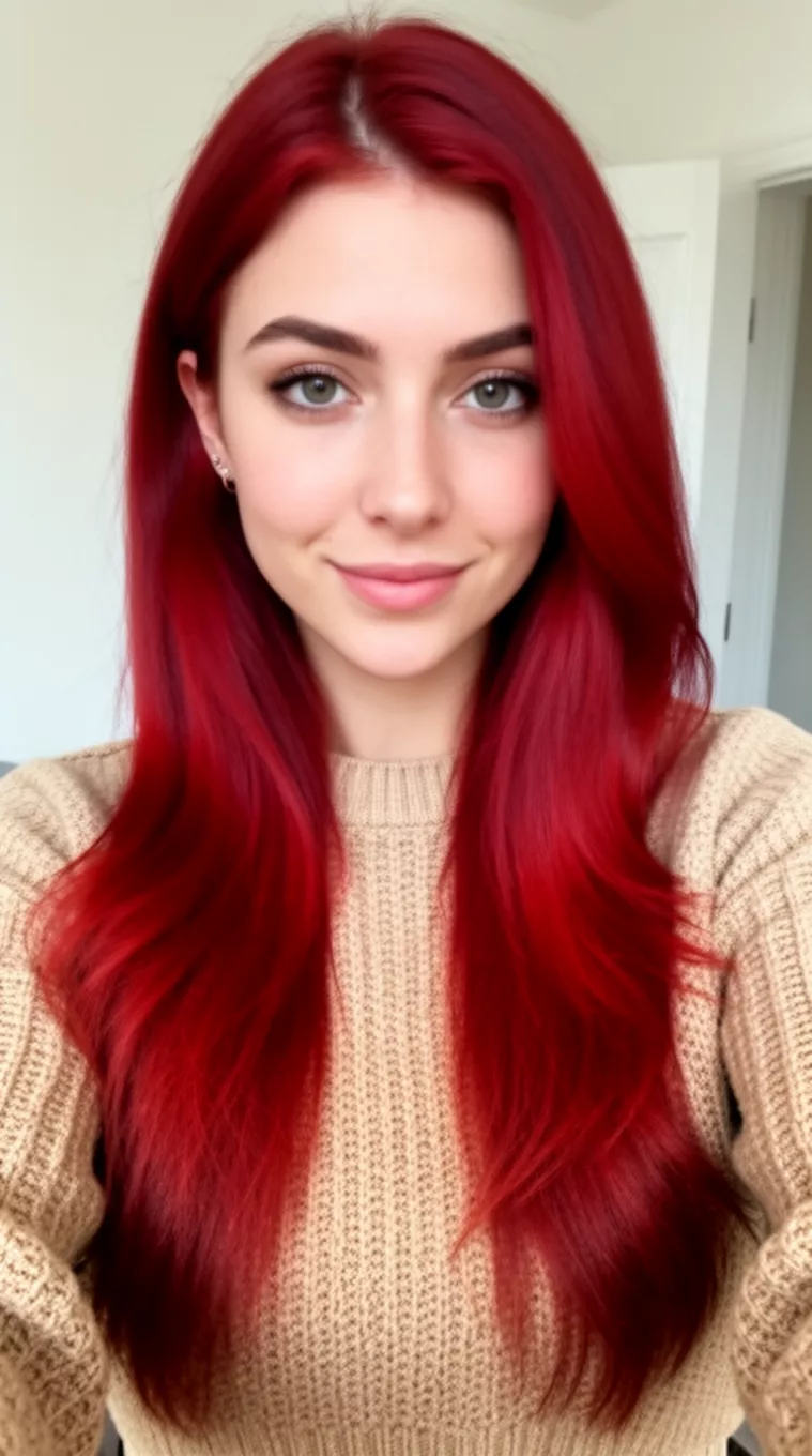 [selfie] of a 29-year-old woman wearing a beige knit top with a Cinnamon Swirl Red colored long hairstyle, minimal background