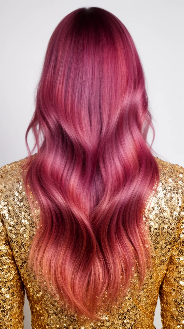 [close-up photo (back view)] of a 31-year-old woman wearing a gold sequined top with a Fire Opal Opulence colored long hairstyle, minimal background, [back view]