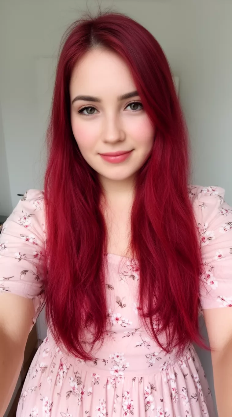[selfie] of a 27-year-old woman wearing a pale pink floral dress with a Crimson Cherry Blossom colored long hairstyle, minimal background
