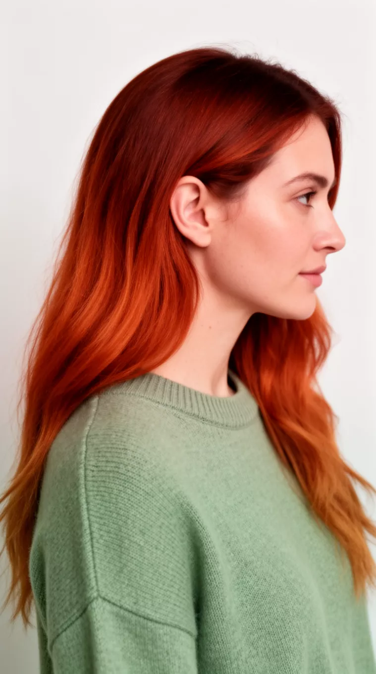 [close-up photo (side view)] of a 34-year-old woman wearing a sage green sweater with a Rusty Copper Ombre colored long hairstyle, minimal background, [side view]
