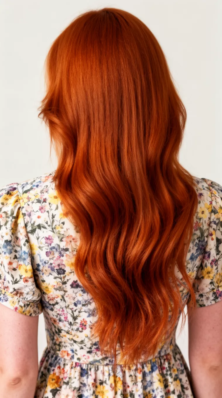 [close-up photo (back view)] of a 32-year-old woman wearing a floral spring dress with a Warm Auburn Glow colored long hairstyle, minimal background, [back view]