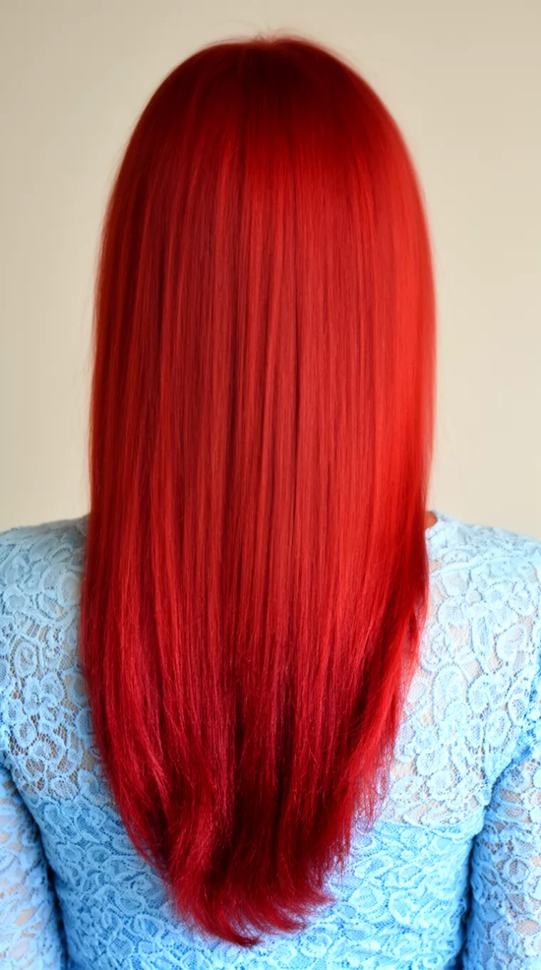 [close-up photo (back view)] of a 30-year-old woman wearing a light blue lace top with an Amber Glow Red colored long hairstyle, minimal background, [back view]