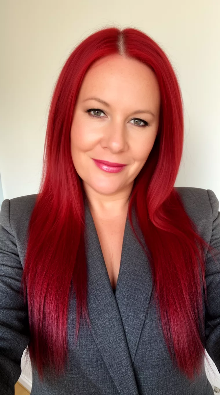 [selfie] of a 38-year-old woman wearing a charcoal grey blazer with a Brick Red Sophistication colored long hairstyle, minimal background