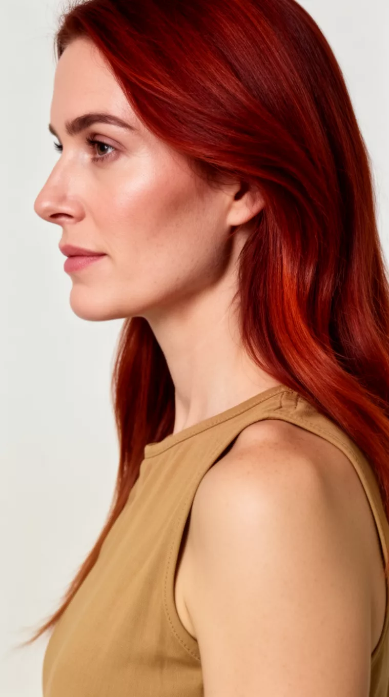 [close-up photo (side view)] of a 35-year-old woman wearing a tan sleeveless top with a Burnt Sienna Tones colored long hairstyle, minimal background, [side view]