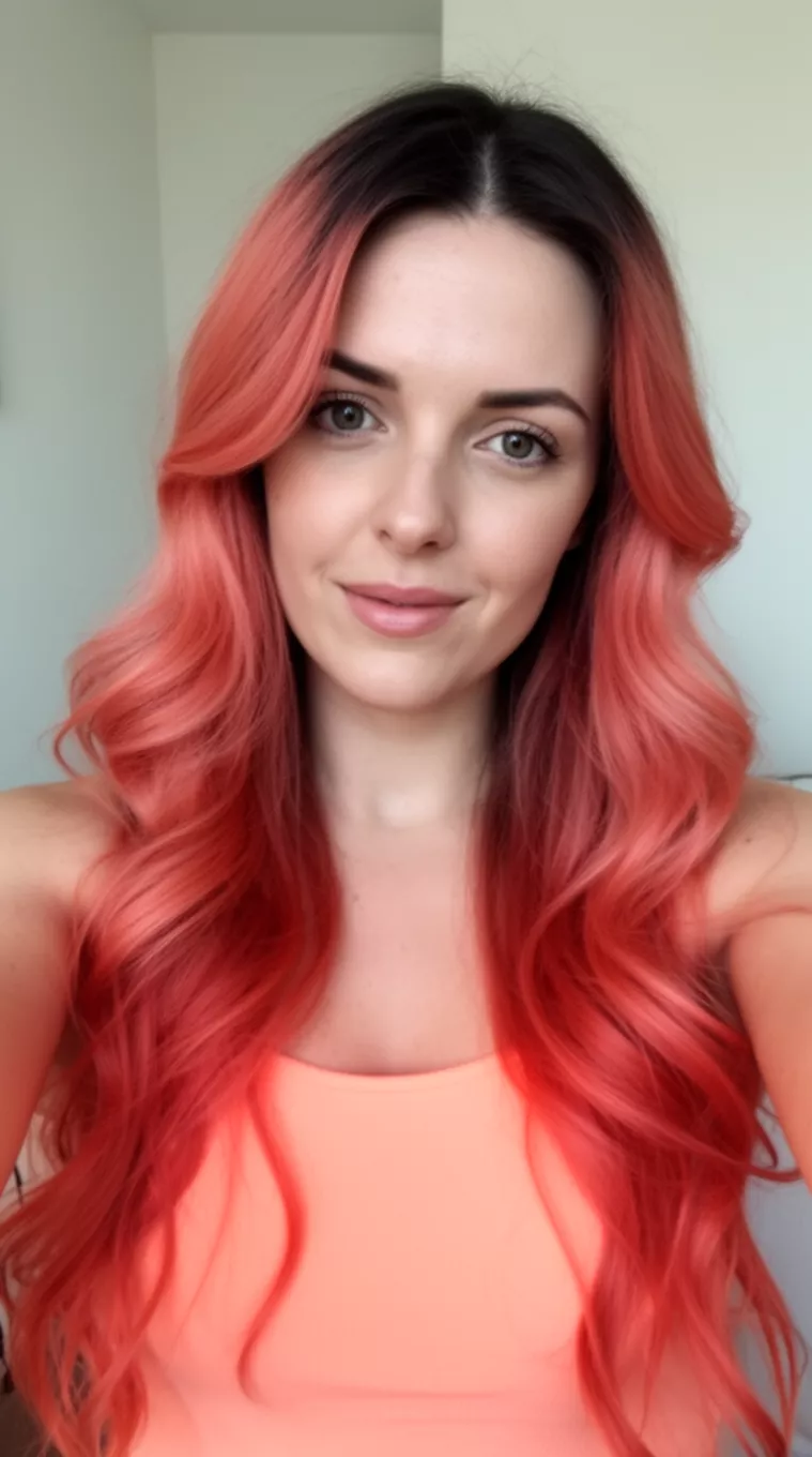 [selfie] of a 31-year-old woman wearing a peach colored top with a Coral Flame Balayage colored long hairstyle, minimal background