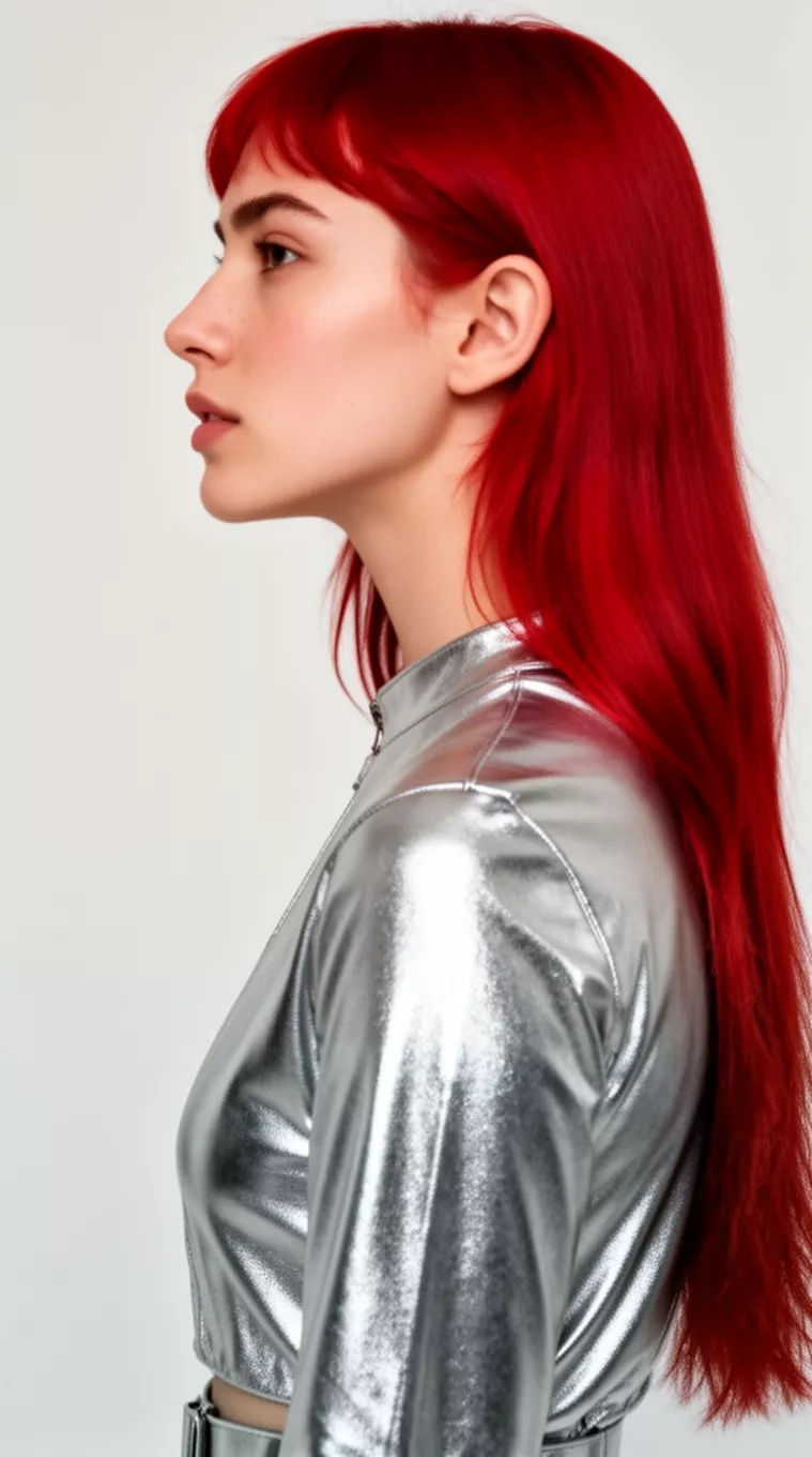 [close-up photo (side view)] of a 25-year-old woman wearing a silver metallic top with a Lava Lamp Red colored long hairstyle, minimal background, [side view]