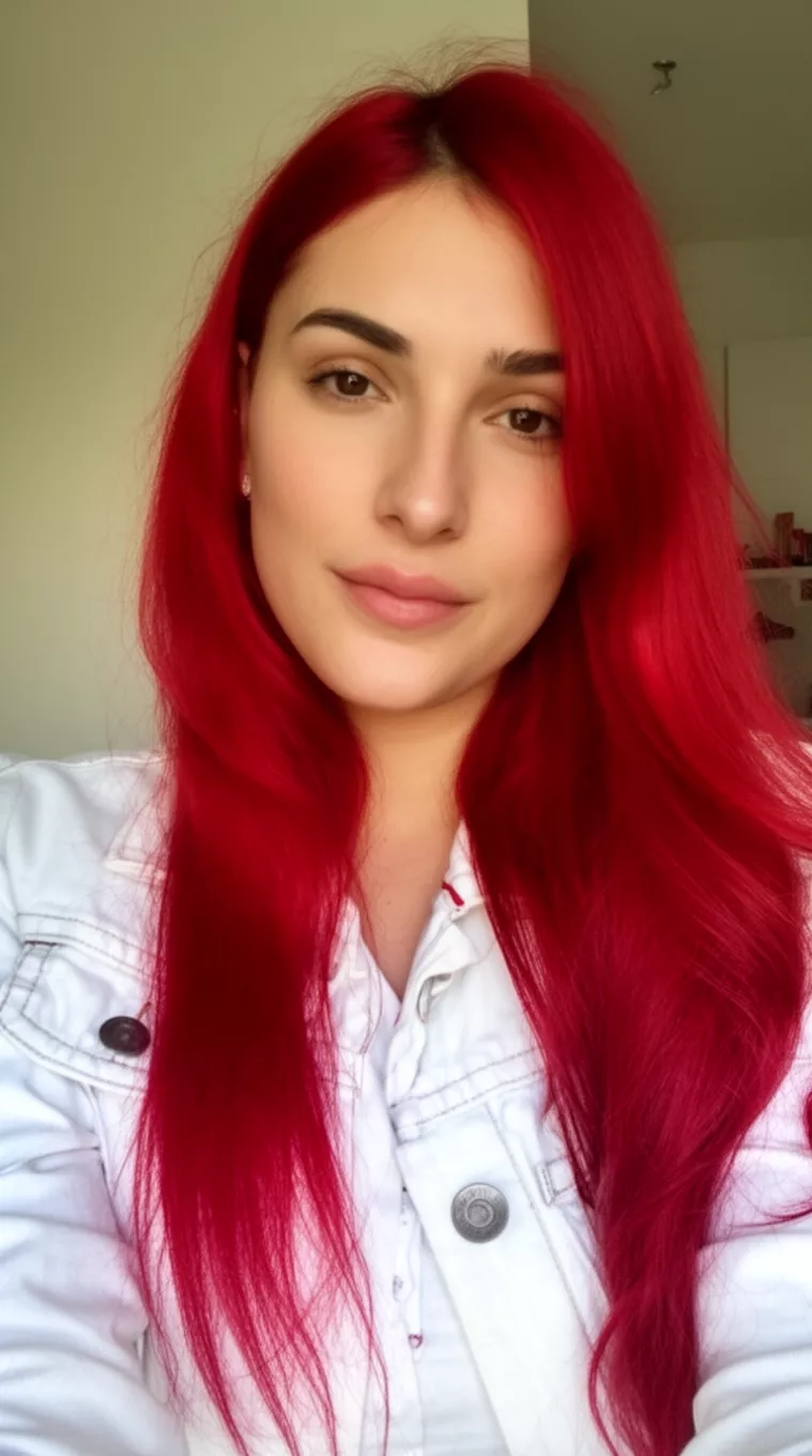 [selfie] of a 29-year-old woman wearing a white denim jacket with a Bold Cherry Red colored long hairstyle, minimal background
