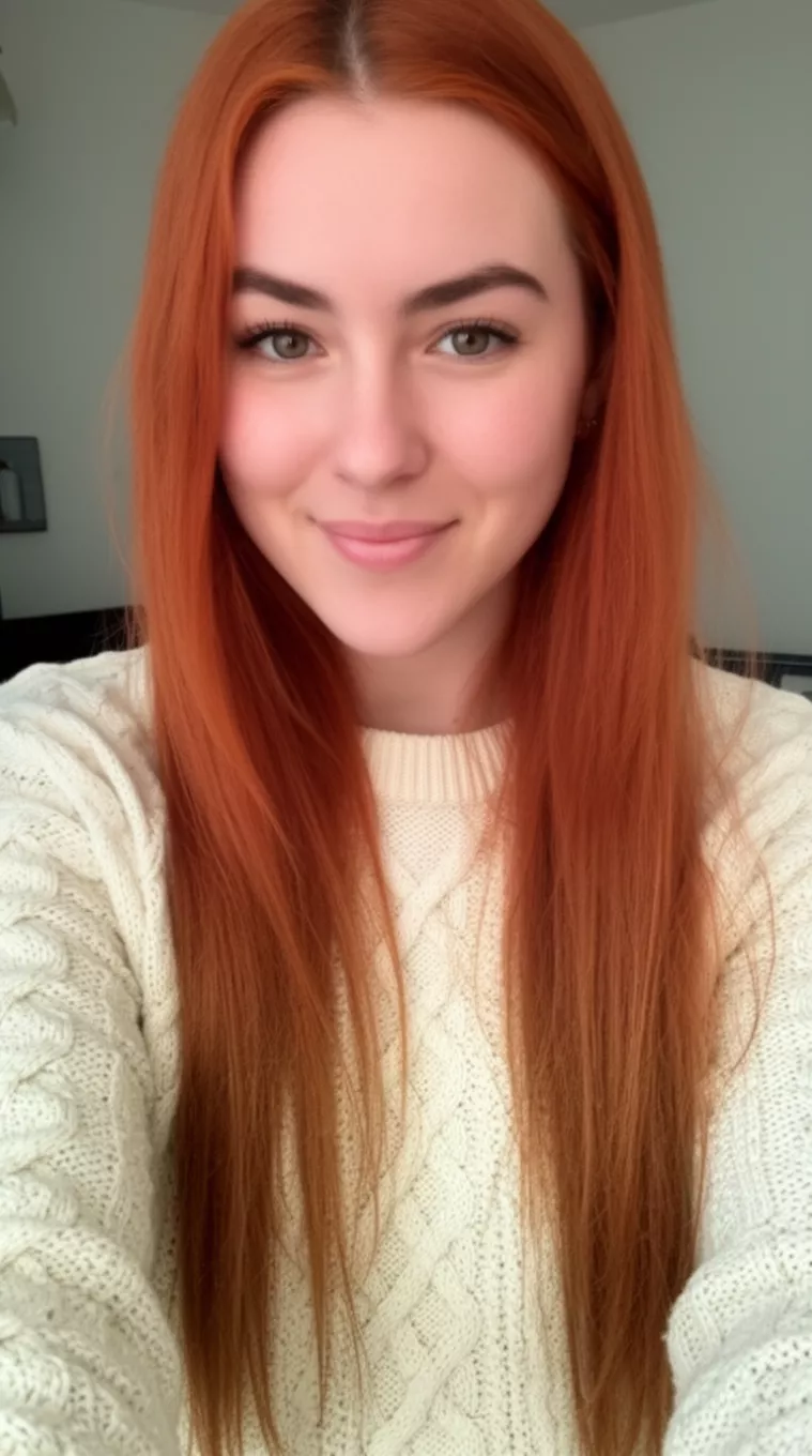 [selfie] of a 27-year-old woman wearing a cream cable-knit sweater with a Pumpkin Spice Copper colored long hairstyle, minimal background