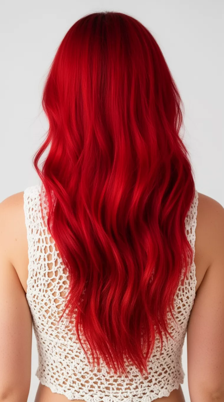 [close-up photo (back view)] of a 26-year-old woman wearing a white crochet top with a Sunset Flame Red colored long hairstyle, minimal background, [back view]