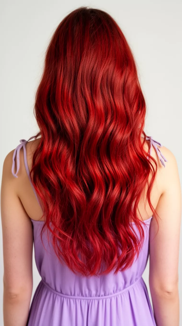 [close-up photo (back view)] of a 25-year-old woman wearing a lavender sundress with a Scarlet Spring Waves colored long hairstyle, minimal background, [back view]