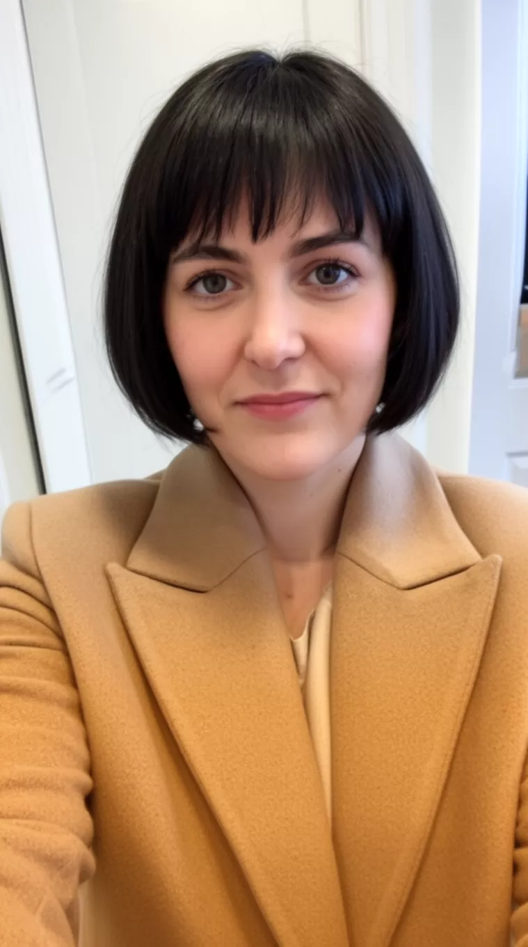 selfie of a 32-year-old woman wearing a camel-colored coat with a Low Bob