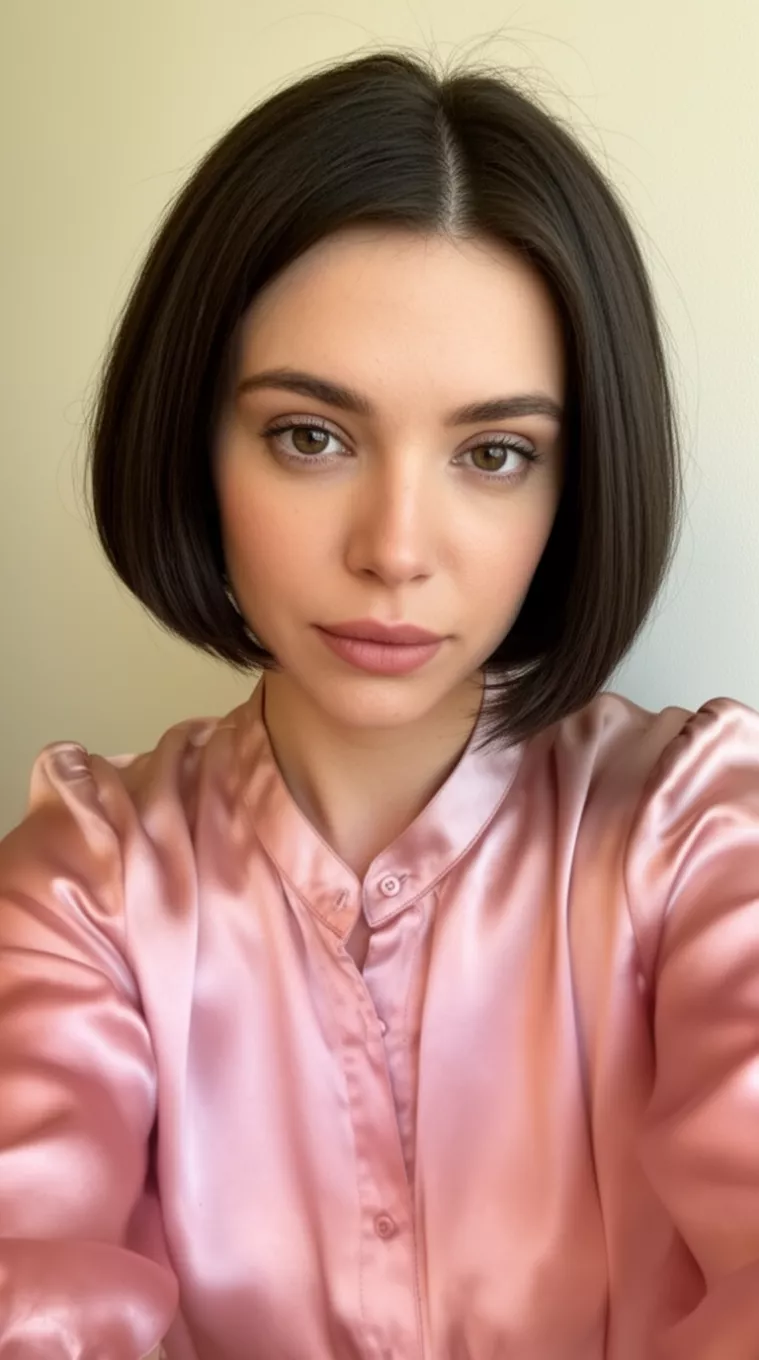 selfie of a 26-year-old woman wearing a blush pink silk blouse with a Soft Curved Bob