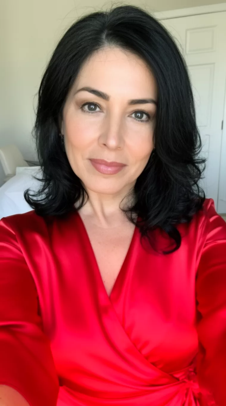 selfie of a 44-year-old woman wearing a red silk wrap top with Soft Black hair