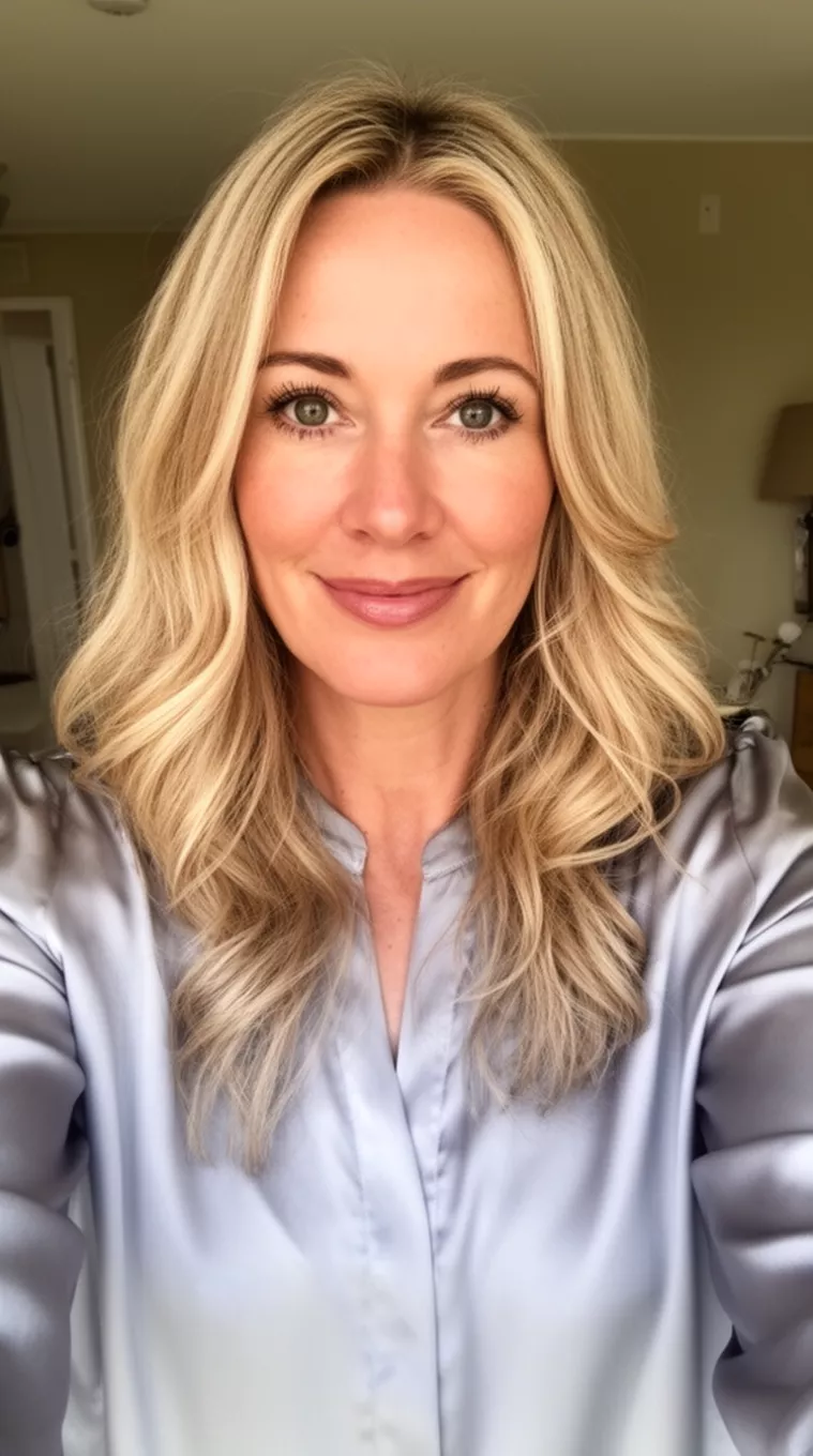 selfie of a 38-year-old woman wearing a light grey silk blouse with Champagne Brunette hair