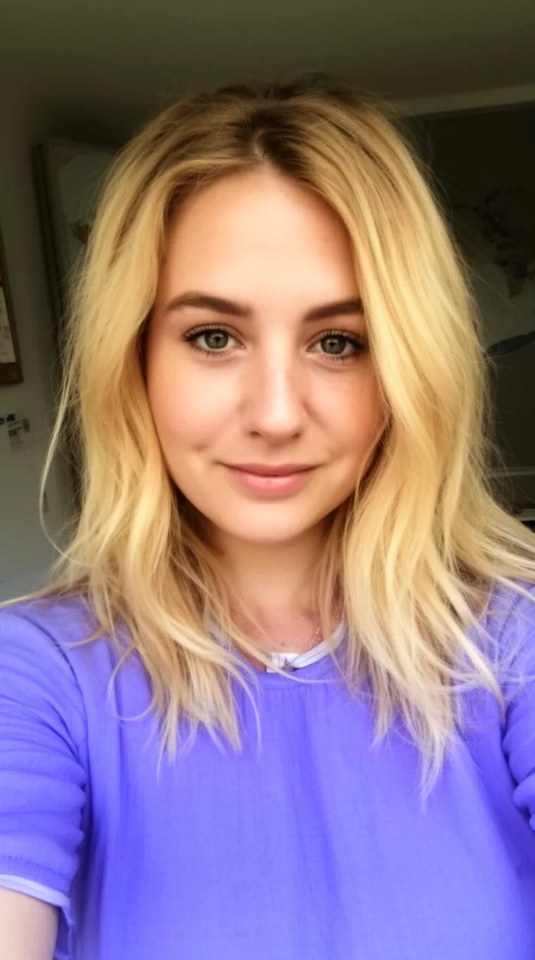 selfie of a 28-year-old woman wearing a periwinkle blue top with Butter-Gold Blonde hair