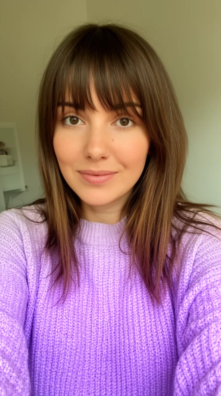 selfie of a 31-year-old woman wearing a lavender knit sweater with Curtain Bangs