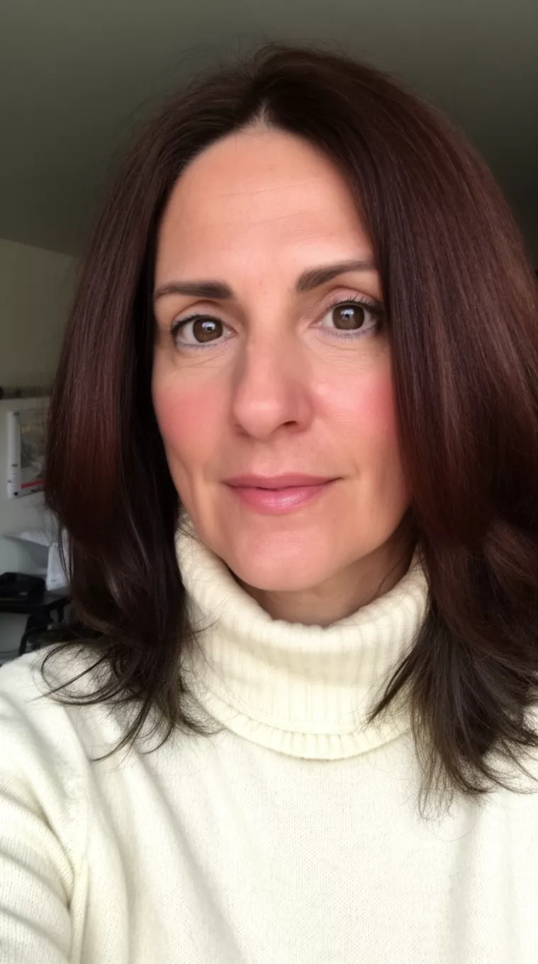 selfie of a 41-year-old woman wearing a cream turtleneck with Hot Chocolate Brunette hair