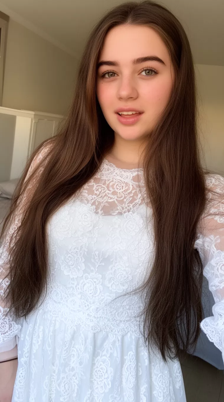 selfie of a 21-year-old woman wearing a white lace dress with Ultra-Long Hair
