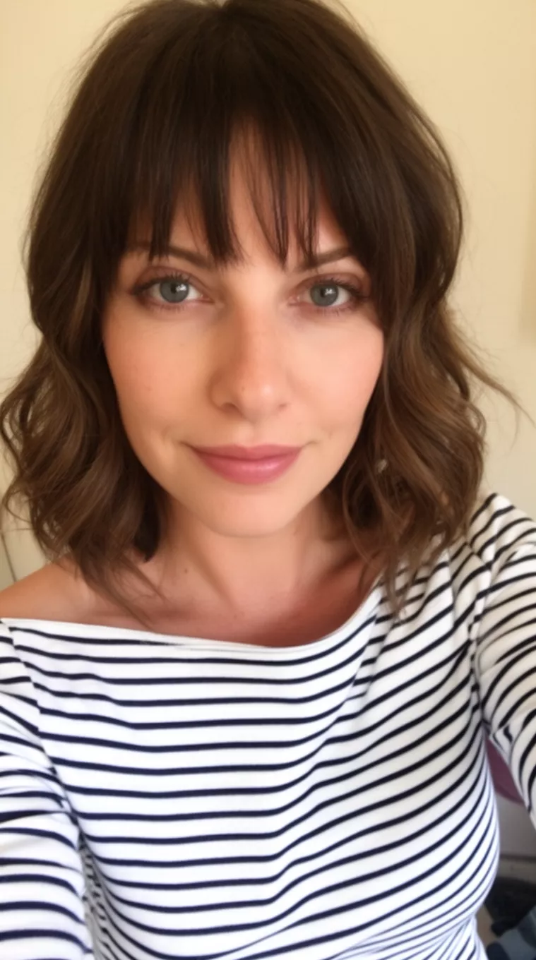 selfie of a 30-year-old woman wearing a striped boatneck top with Wispy Bangs